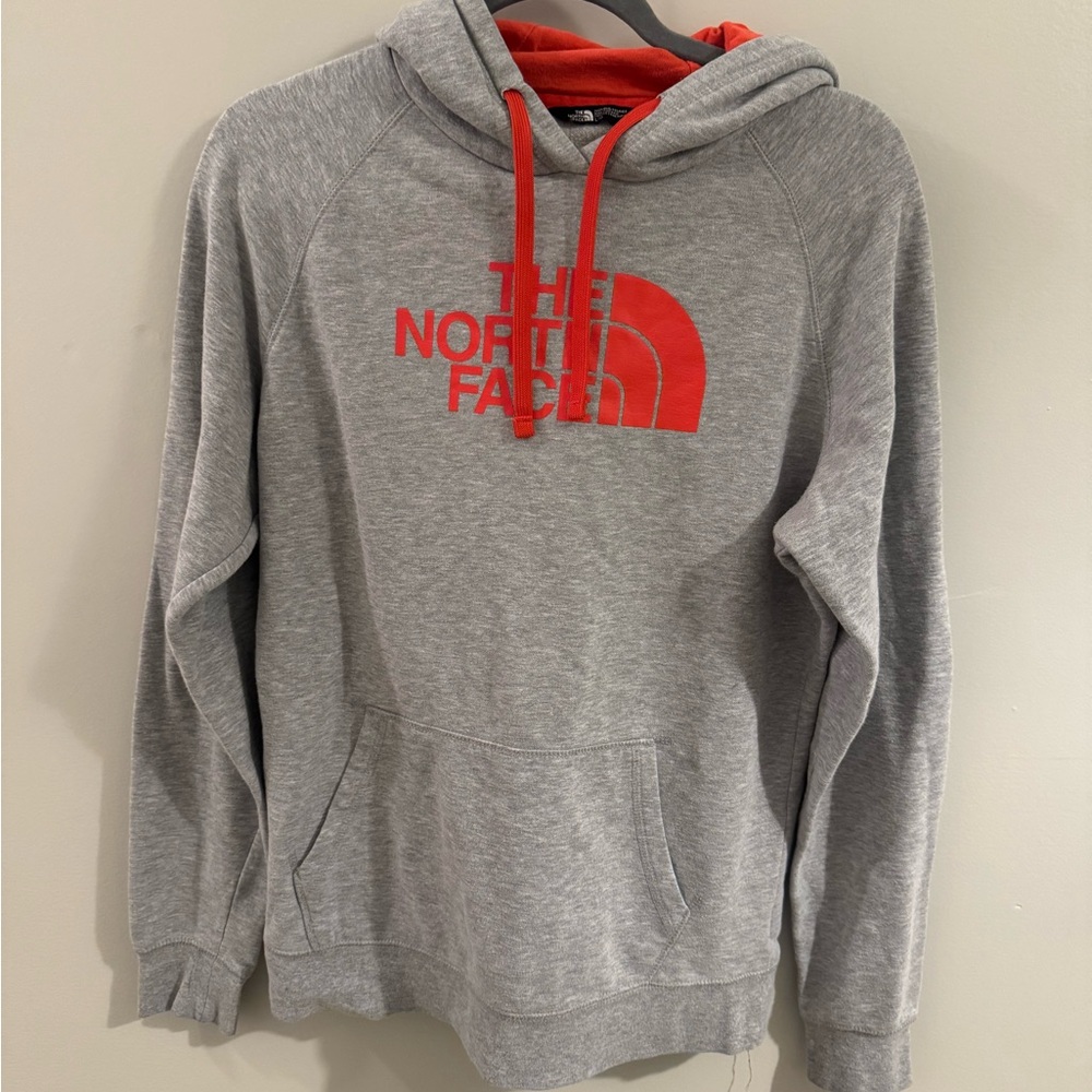 The North Face Women’s Heather Gray Hoodie with Vibrant Red Logo